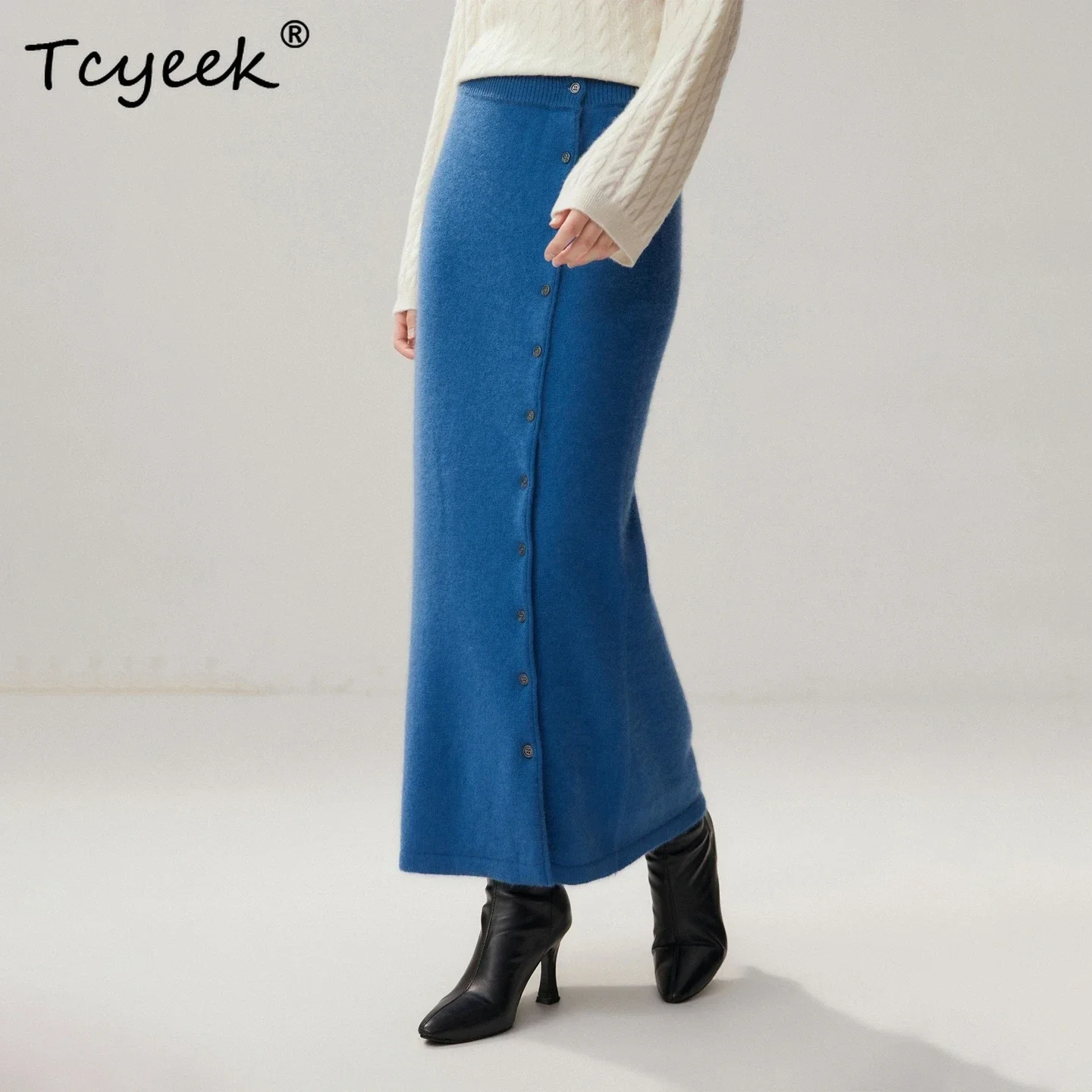 Old Money Style Women Skirt Winter Knit Long Skirt 100% Cashmere Straight Skirt Adjustable Single Breasted Button Elegant Dress