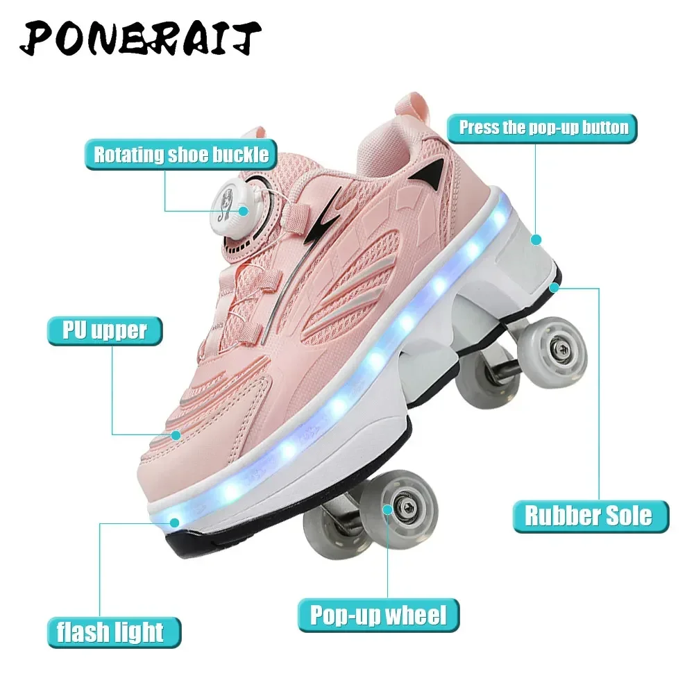 Unisex Automatic Retractable 4-Wheel Roller Skates Women's High Sneakers with Wheels Girls' Dual-Purpose Skating Sports Shoes