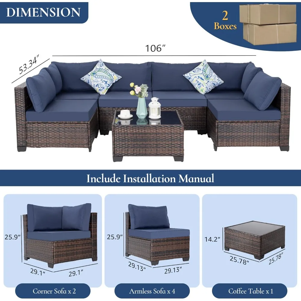 7 Pieces Outdoor Patio Furniture Set, Wicker Sectional Sofa Set Rattan Patio Conversation Sets with Cushions Couch Set &