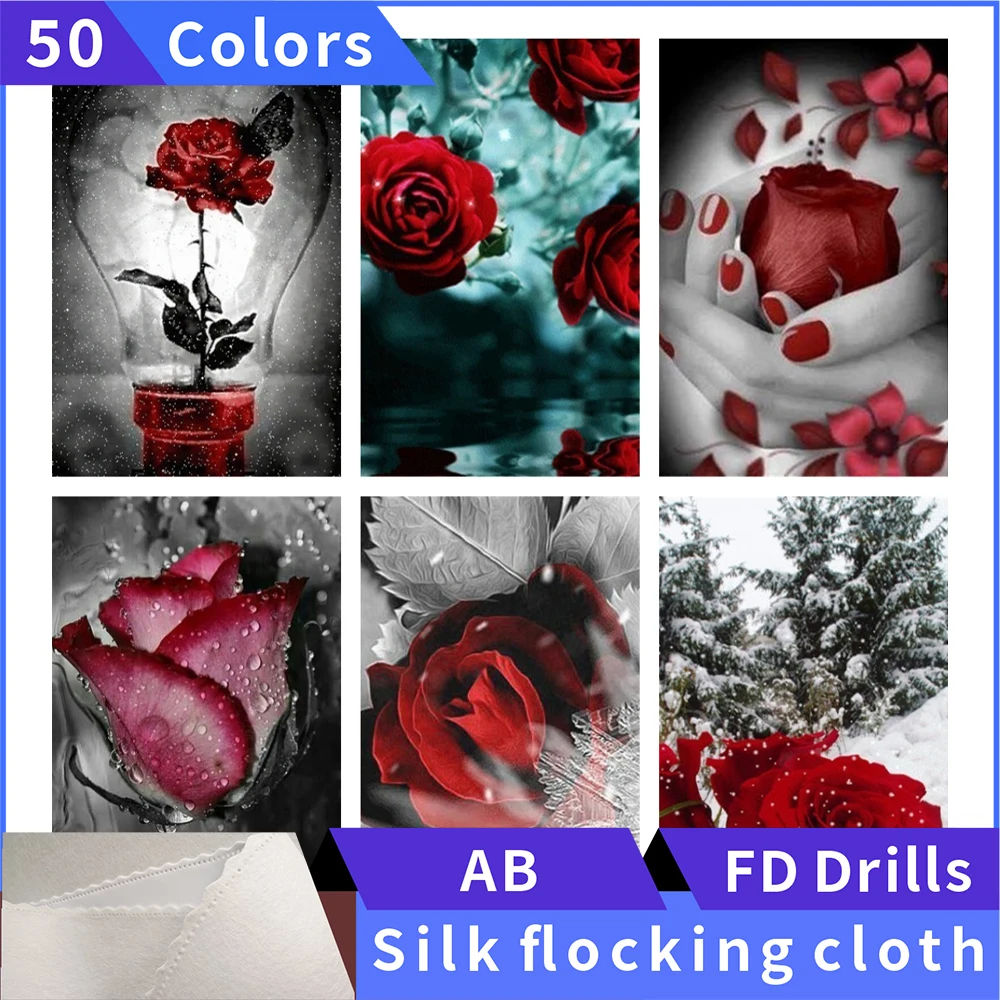 

50 Colors 5D Diamond Painting Red Rose Silk Cloth Square Diamond Embroidery Rhinestone Diamond Mosaic Painting Cross Stitch