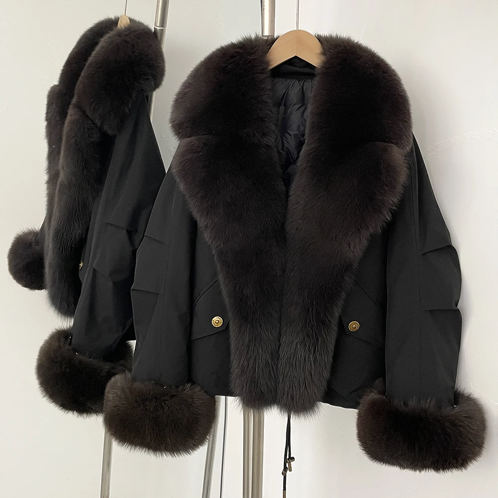 

New Autumn Winter Women Fashion Big Real Fox Fur Collar Down Coat Waterproof Clothes Warm Fur Cuffs Puffer Jacket Female