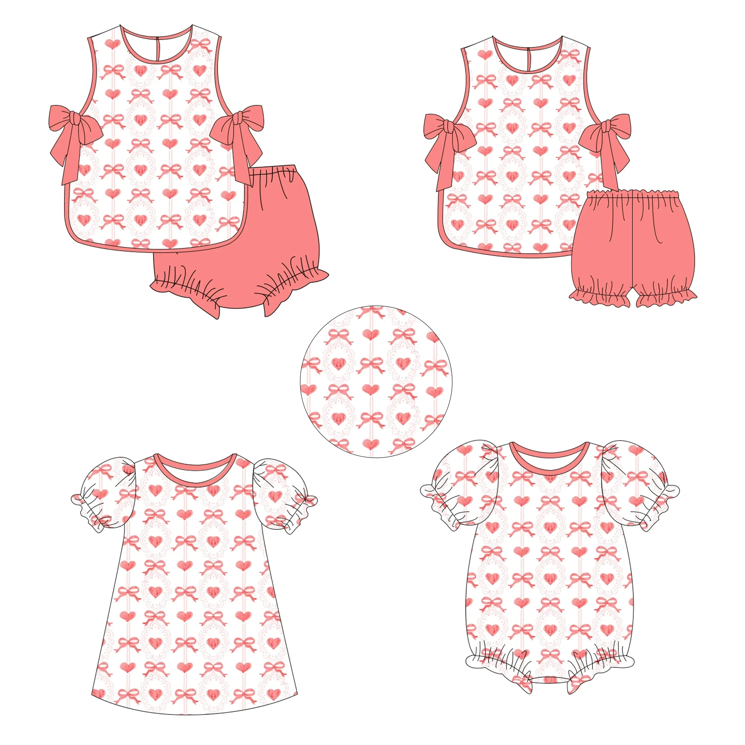 Valentine's Day Baby Matching 4 Piece Set Hot Selling Children's Festival Outfit Set Pink Heart Print Girls Sleeveless Shorts Se