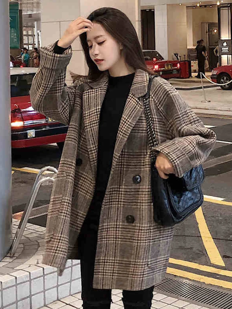 Loose Plaid Woolen Coat for Women Fashion Lapel Slim Women\'s Jackets 2020 Korean Women\'s Autumn Coat Woman clothing