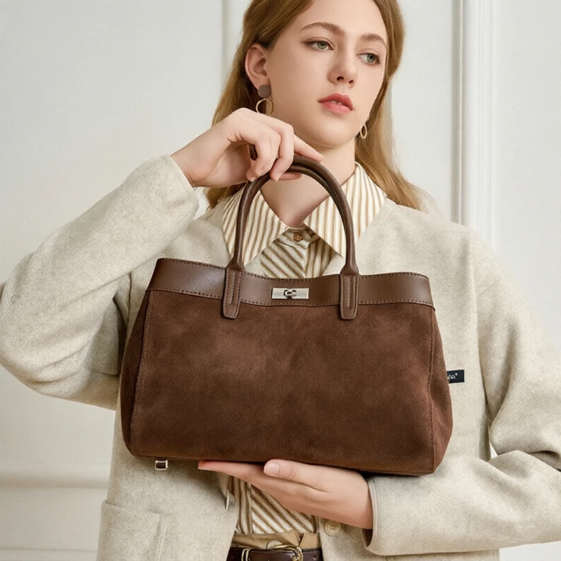 

BURMINSA Genuine Leather Suede Tote Bags Women Luxury Metal Clasp Top Handle Shoulder Crossbody Bags Retro Office Work Handbags