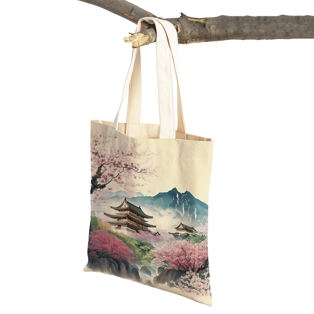 Chinese Painting Forest Women Shopping Bags Casual Canvas Handbag Double Print Decor Beautiful Scenery Shopper Bag Lady Tote