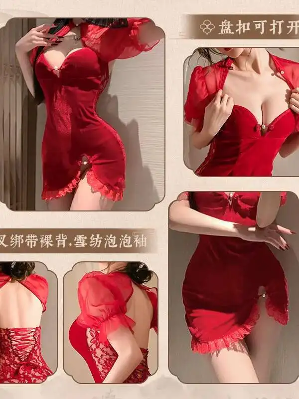 WOMENGAGA Chinese Style Short Sleeve Mini Dress Feimu New Year Velvet Lace Cheongsam Uniform Sexy Split Dress Elegant 2JV3