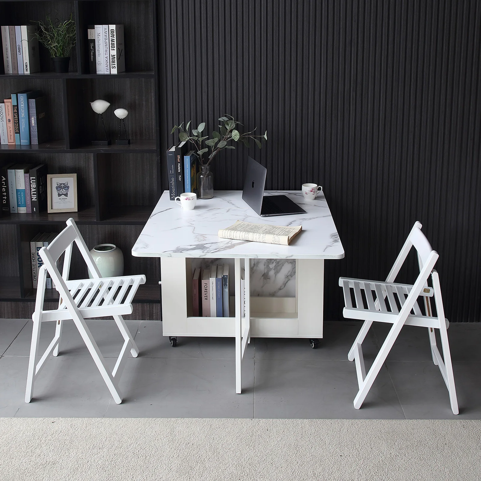 Fashion White Folding Dining Table Furniture Multifunctional Rectangle Movable Dining Table and Folding Chairs - Image 5