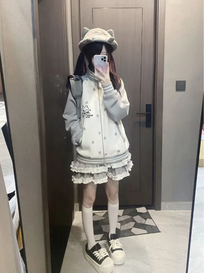 Star Y2k veste à capuche couche d'air mignon Vintage manches Raglan veste à glissière japonais ample mignon doux sweat manteau pour dames