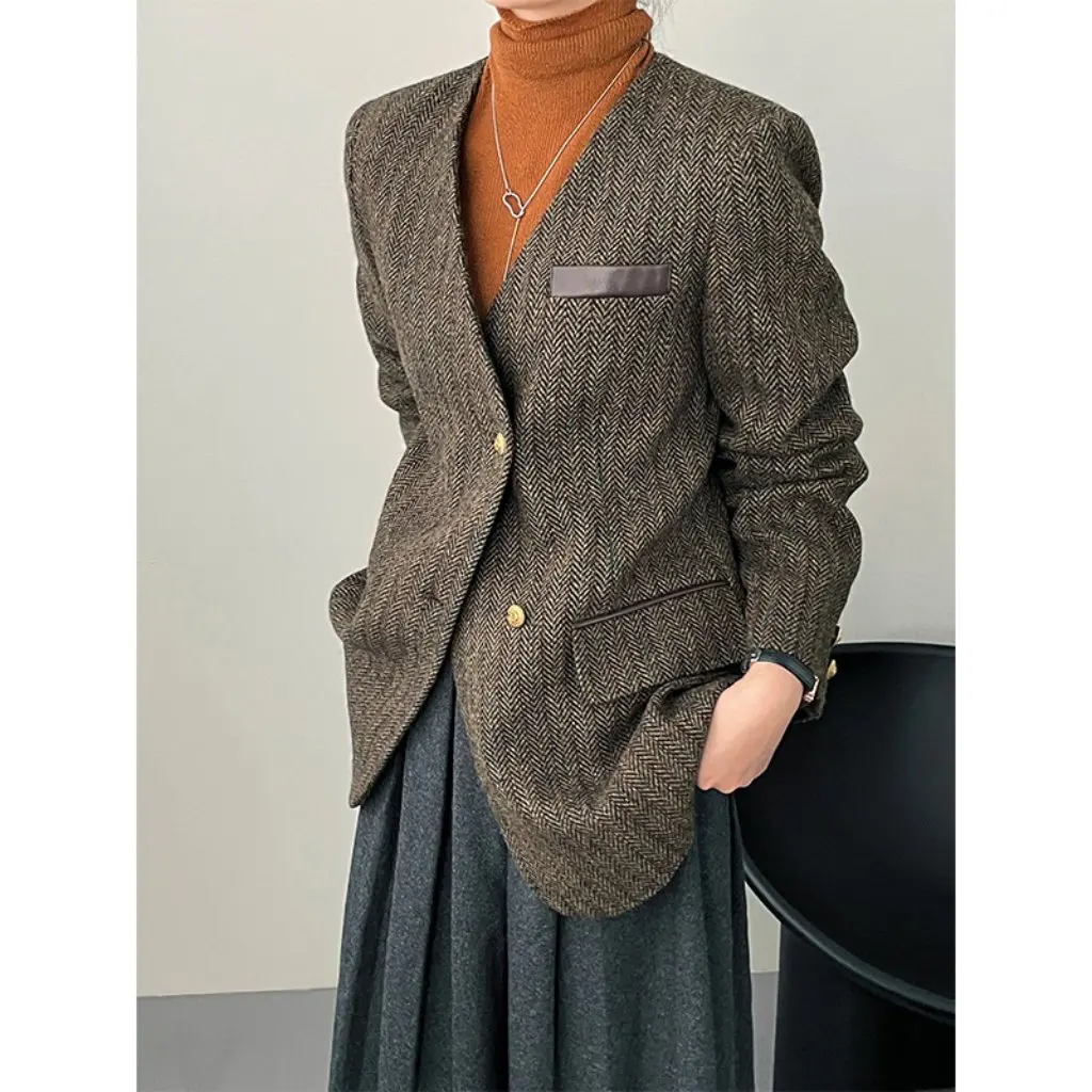 

Taochuan Women's High-End PU Patchwork Blazer V-Neck Herringbone Pattern New Autumn Model 2303