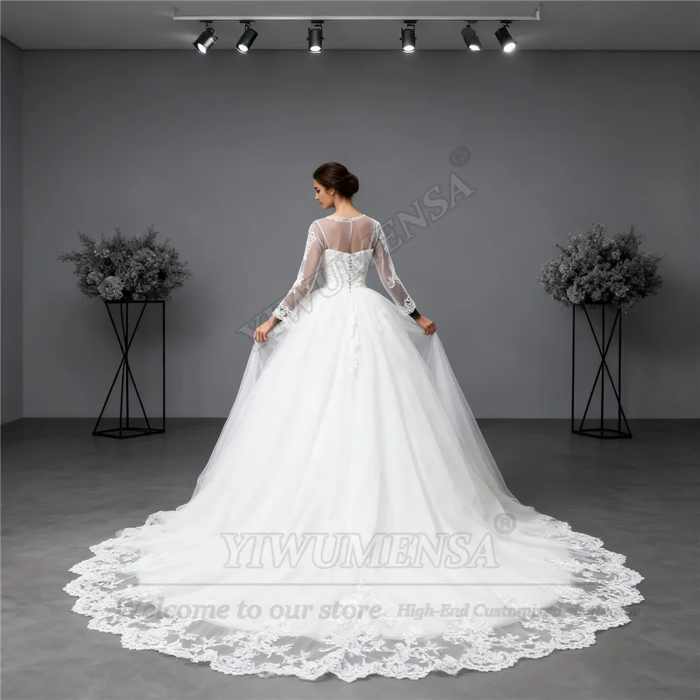 Luxury Lace Appliques Wedding Dresses O Neck Long Sleeves Bridal Gowns Customized Women Banquet Party Attire Bride Marry Clothes