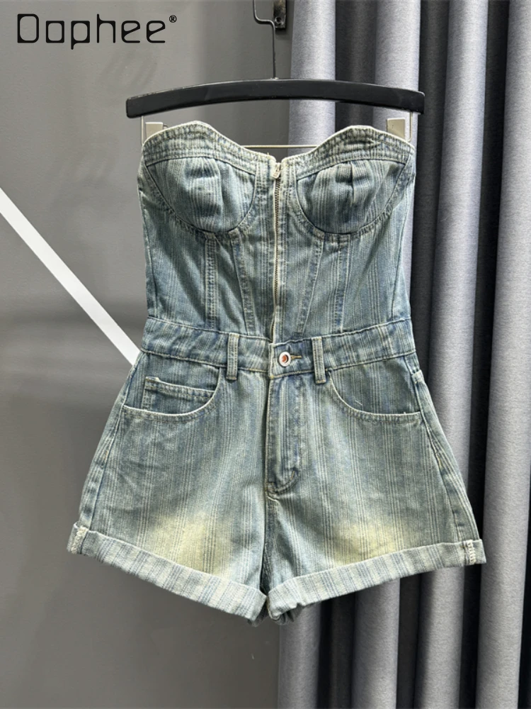 

Trend Women Strapless Denim Jumpsuit Vintage Rolled Edge Jeans Shorts Y2K Lady Sleeveless Rompers Backless Summer Bodysuits