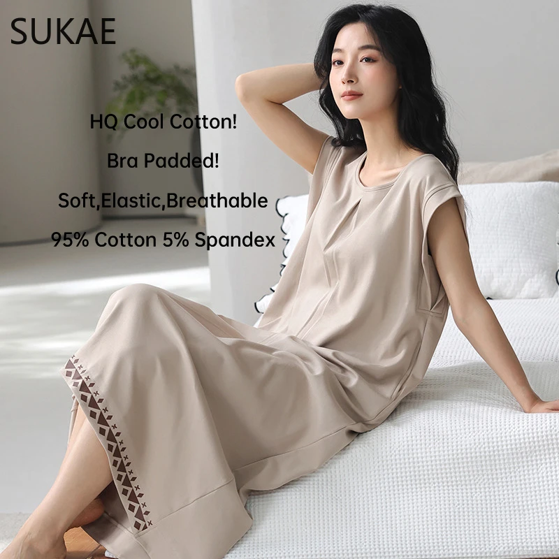 

2025 Summer New Cotton Nightgown for Women High Quality Sleepshirt Soft Comfy Elastic with Bra Padded Long Dress Mid-calf Nighty