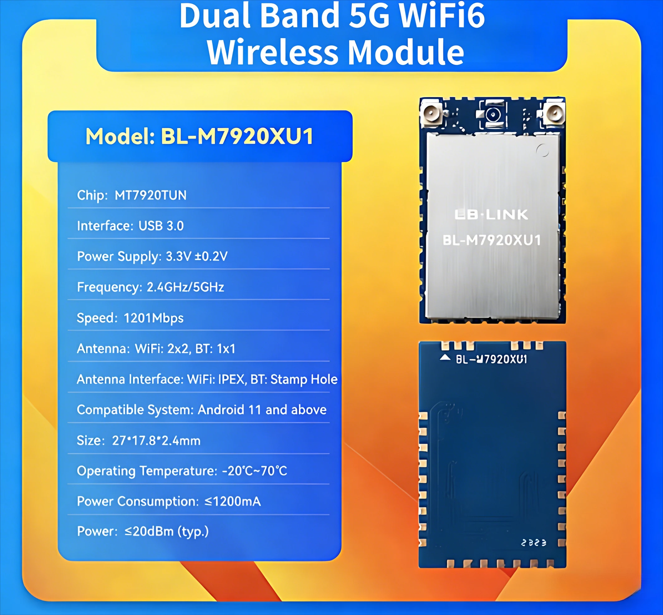 M7920XU1 Dual Band 5G WiFi6 Wireless Module with MT7920TUN Chip BT  for Projector TV Screen Cast Video Transmission