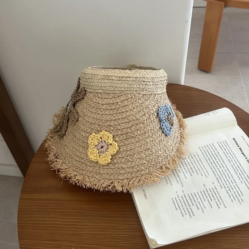 

Raffia Straw Open-Top Headband Sun Hat, Hand-Crocheted Wide Brim Hair Accessory with Raw Edge, Beach Sun Cap for Women Summer