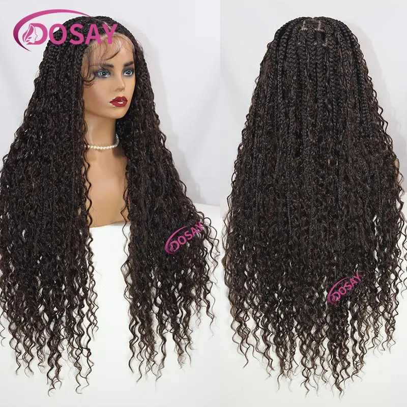 Pelucas sintéticas de encaje Frontal completo para mujeres negras, caja trenzada sin nudos, pelucas trenzadas bohemias, ONDA DE AGUA, trenzas sin