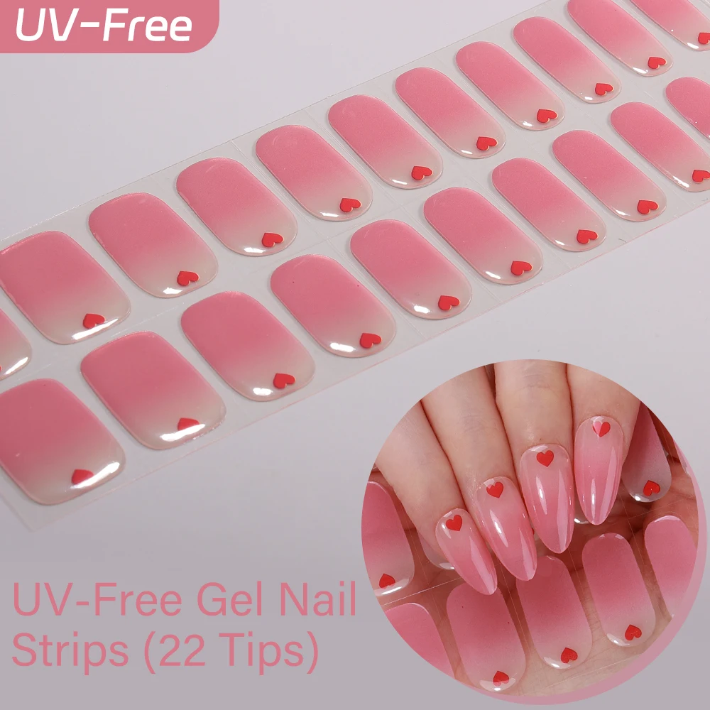 22Tips French Red Heart Kiss UV-Free Gel Nail Stickers Glitter Flower Full Cover Gel Polish Nail Strips DIY Manicure Decoration view 3