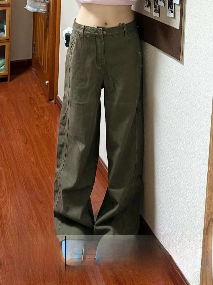 

Женские джинсы в американском стиле, коричневые, летние, новые, из выстиранного денима, свободного кроя, в рабочем стиле, с широкими штанинами, высокой талией, средней эластичности