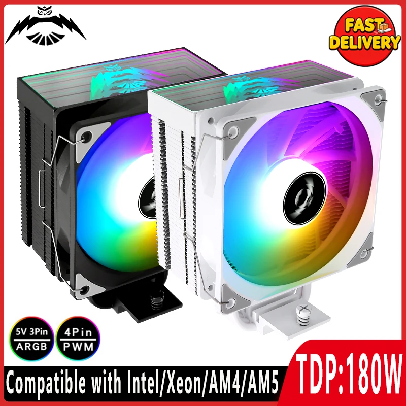 

Кулер для игрового компьютера Вентилятор процессора ARGB Черный/Белый 4-Тепловая трубка с воздушным охлаждением Совместимость с LGA18xx 1200 115x1700 2011 AM4 AM5 2066 x79 x99