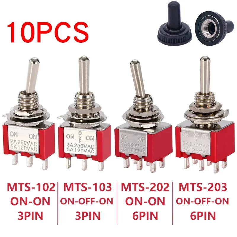 10Pcs MTS-102 103 MTS-202 203 DPDT ON-OFF-ON Toggle Switch ON-OFF SPDT 6mm Mini Power Button Switch with Waterproof Cap