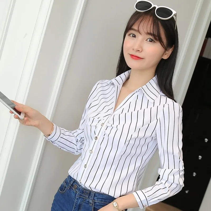 JFUNCY Women Tops and Blouses 2023 Stripe Print Elegant Long Sleeve Office Lady Work Wear Shirts Female Slim Blusas