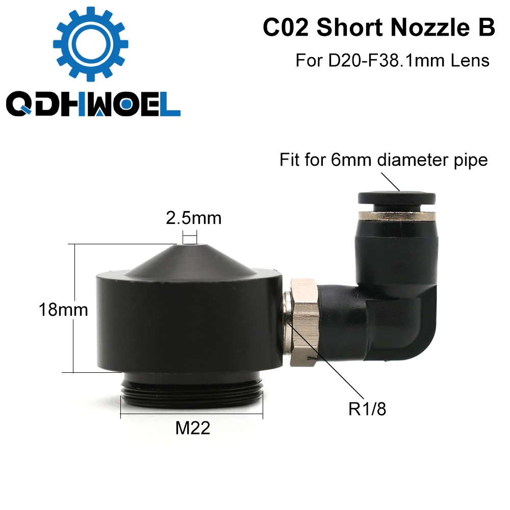 QDHWOEL Air Nozzle N02 for Dia.20 FL38.1 Lens CO2 Short Nozzle B with Fitting for Laser Head at CO2 Laser Cutting Machine