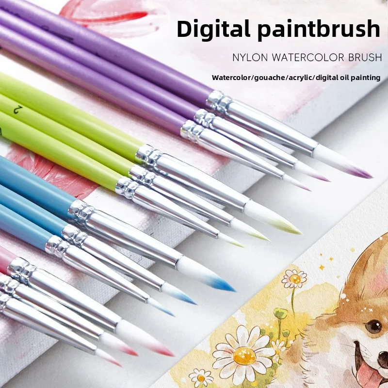 Nylon Hair Round Head Paint Brush Single Watercolor Gouache Brush Art Raw Painting Mixed Wood Short Rod Oil Fine Artist Supply