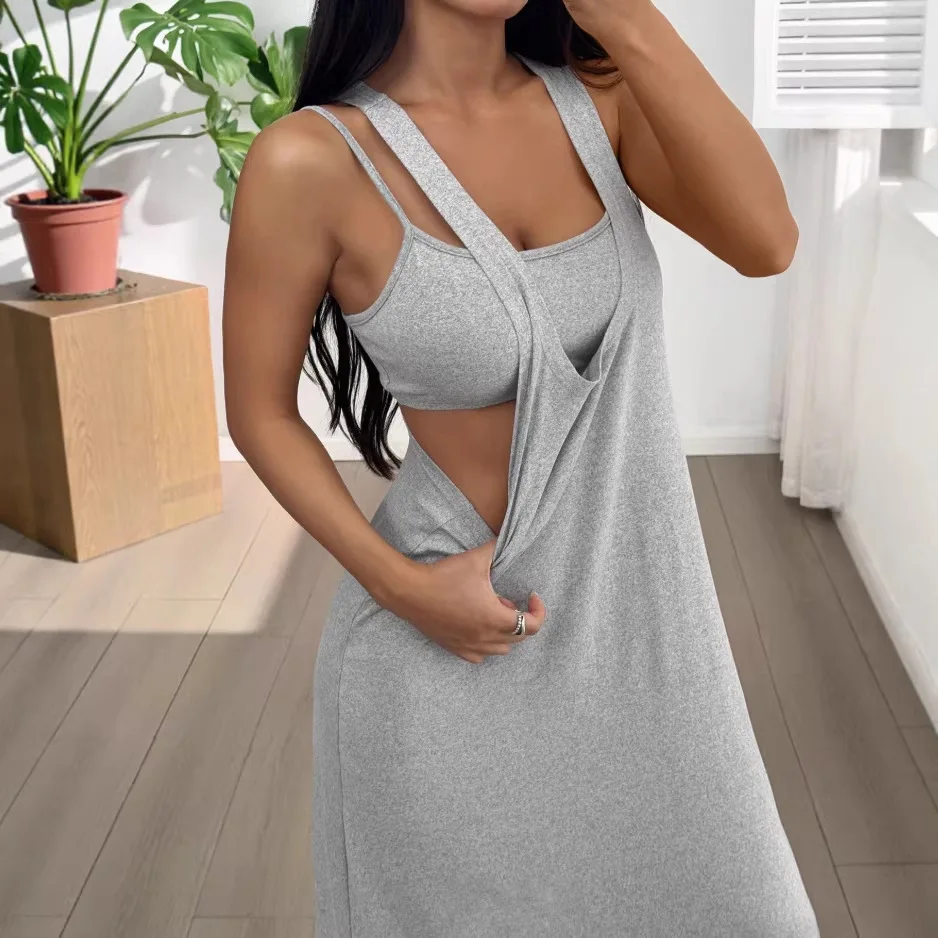 

Women's Summer Two Piece Cami Maxi Dress Solid Layered Wrap Cutout Waist Slim Fit Dress Set Casual Daily Loungewear Outfit