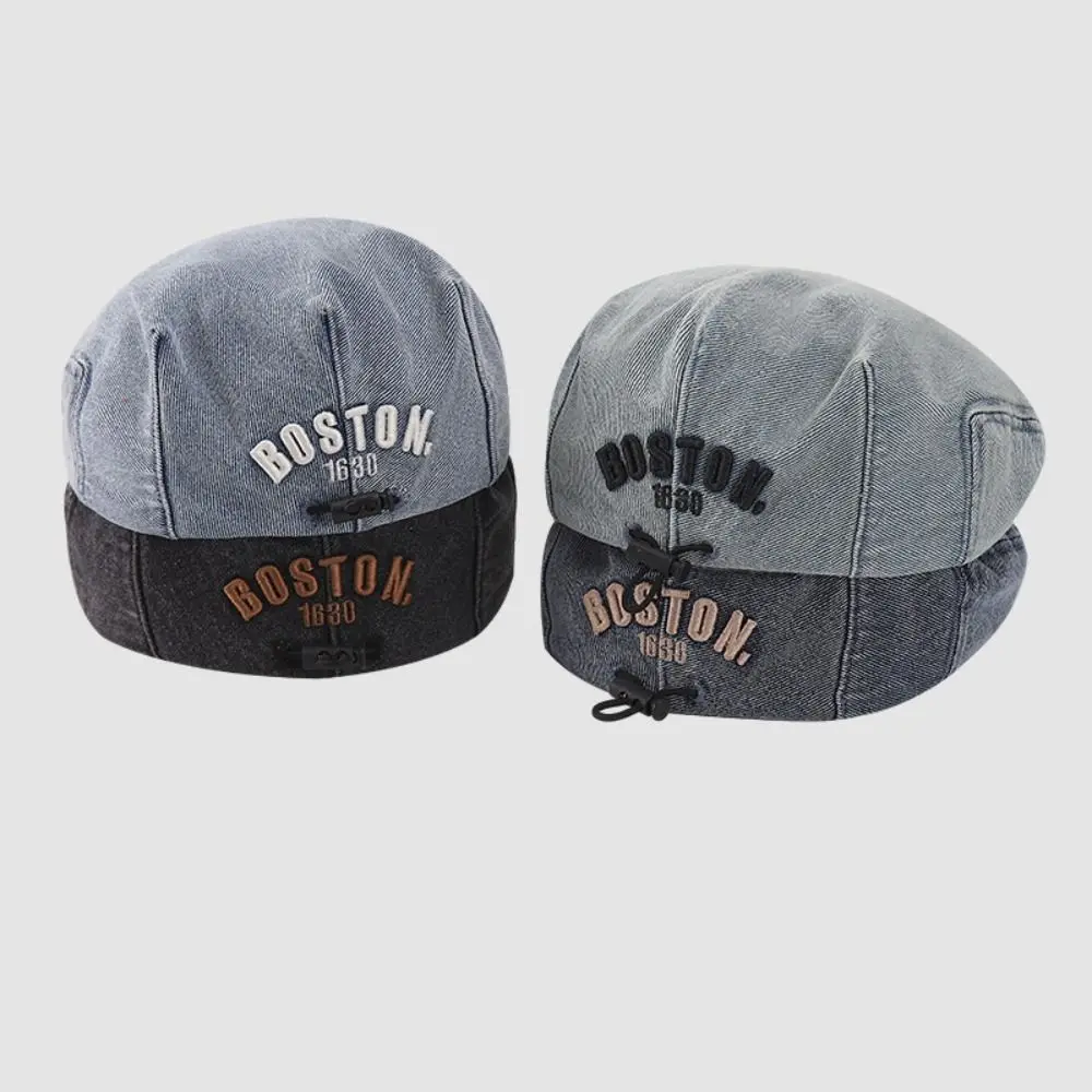 

Fashion Vintage Denim Beret Hat Adjustable Drawstring Letter Embroidered Peaked Caps Cotton Breathable Painter Caps for Kids