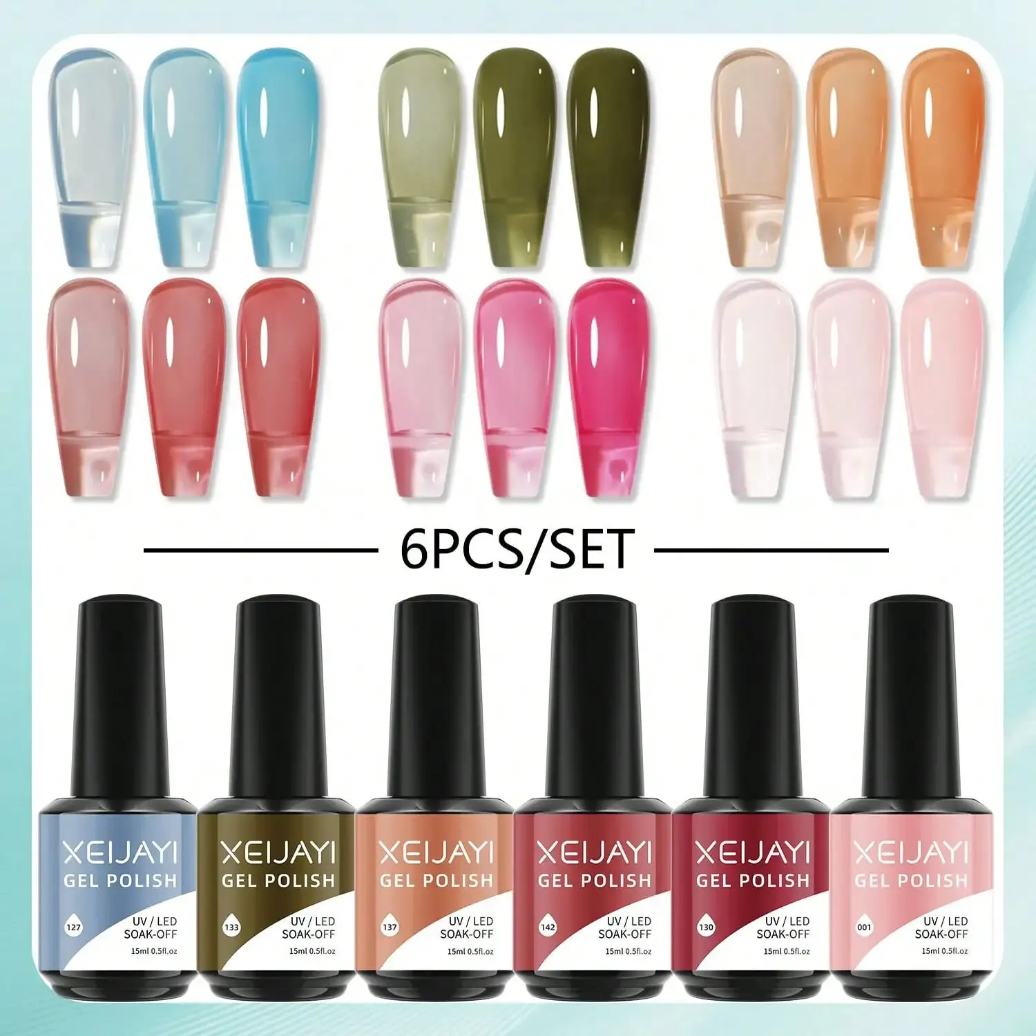 6PCS/SET 15ml Color Nail Gel Polish Set Kits Base Top Coat Varnish Soak Off UV Gel LED Semi Permanent All For Manicure Nail Art