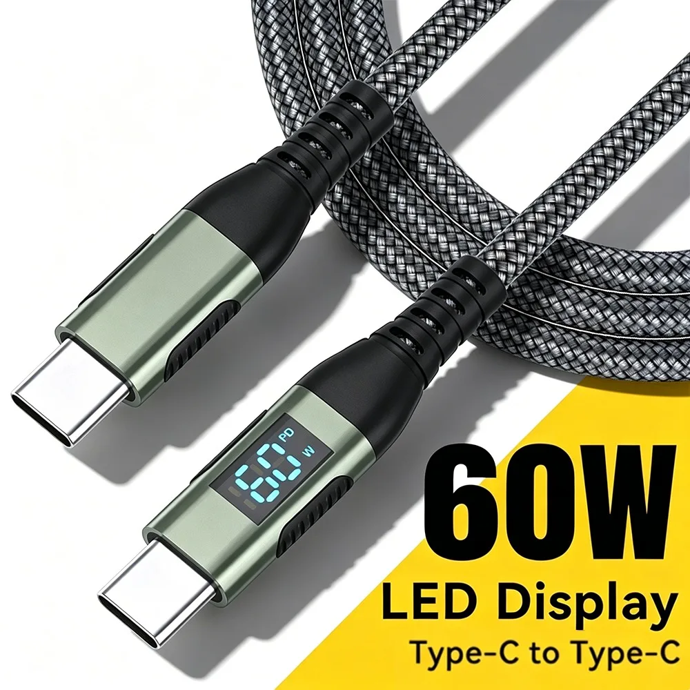 

1M/2M/3M Type-C To Type-C 60W LED Display Fast Charging Data Cable Nylon Durable High Grade 480Mbps for iPhone 17 iPad Samsung