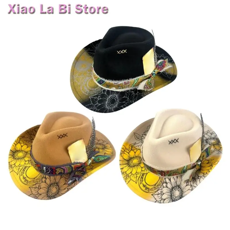 XXFD Unisex Bergaya Merasa Topi Cowgirls Dengan Bulu Dikepang Detail Desain Ringan