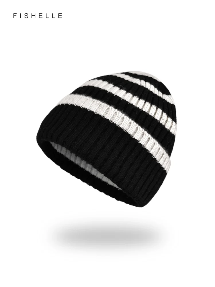 Fashion Black and White Stripes 100% Pure Wool Hat Short Men Caps Winter Women Beanies Warm Knitted Hat