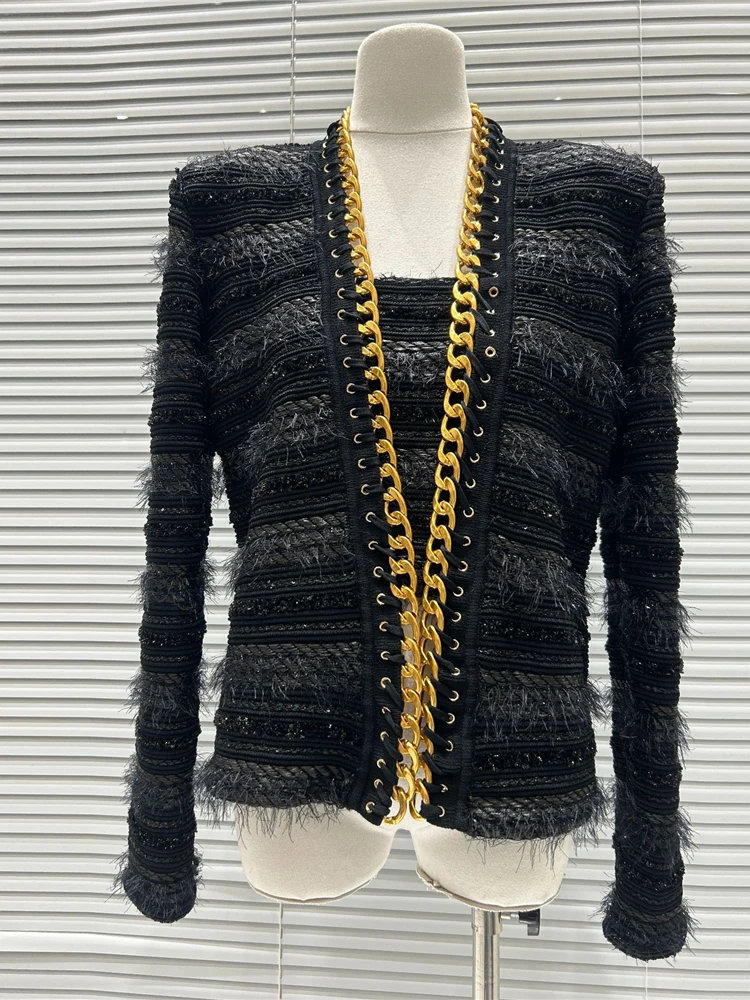 

Ele Parisian Luxury Edition Chain Detail Wrap around Vest Skirt Tweed Cardigan Outerwear Set for Women in 2025 Winter Col...