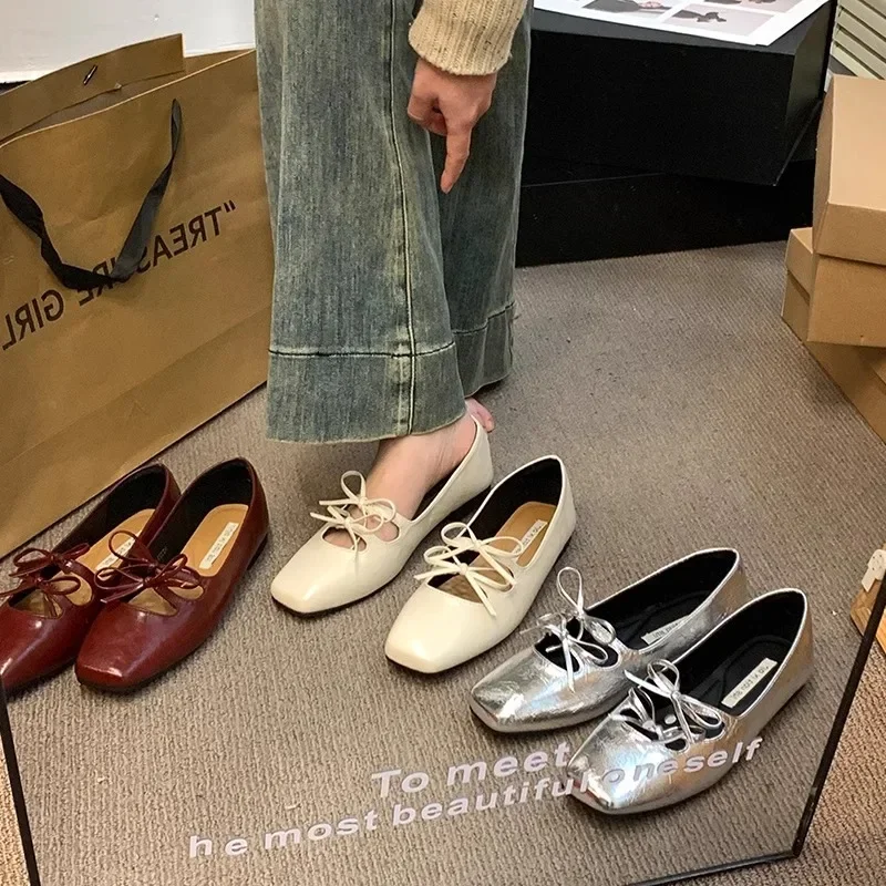 Preciosos Zapatos Mary Jane con doble lazo para mujer, novedad de 2025, Primavera Verano, vestido con punta cuadrada, Zapatos planos para mujer, Zapatos de suela blanda roja