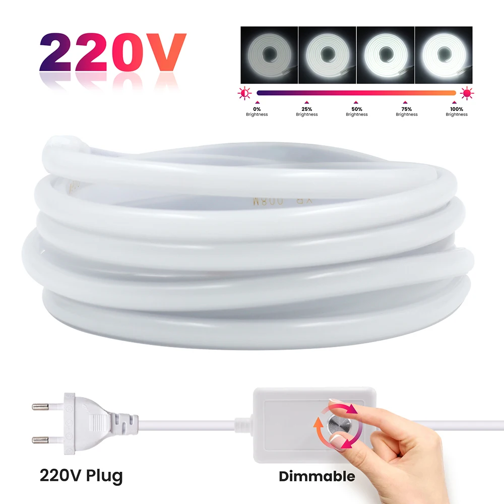 

220V Dimmer Switch Led COB Neon Strip Light EU Power Plug Kit 288 LEDs Flexible Warm White 3000K 4000K 6000K 5m 10m 20m 30m 0.5m
