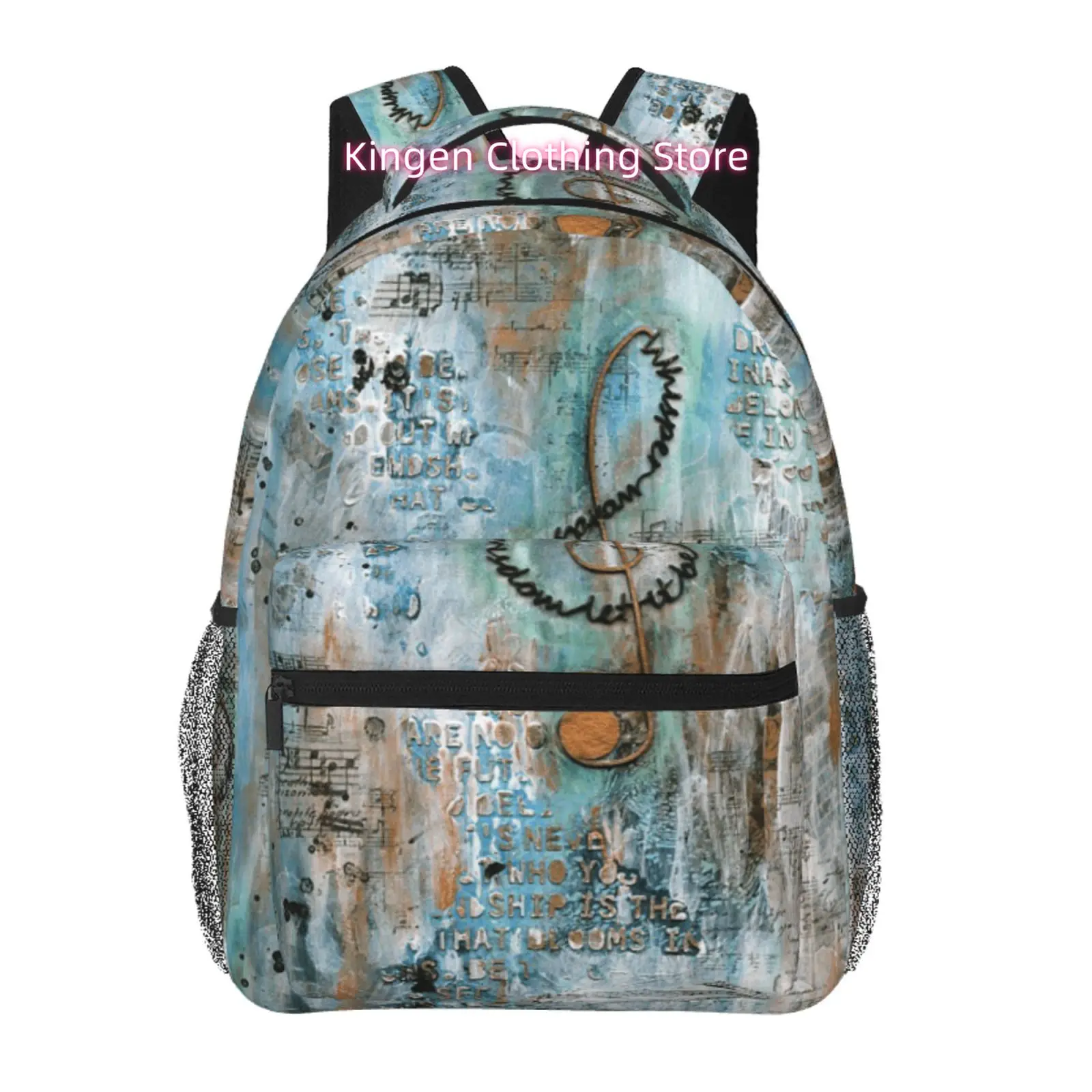 

Vintage Grunge Text and Music Notes Print Backpack, Oxford Cloth Adjustable Strap Casual Daypack, for Work Office