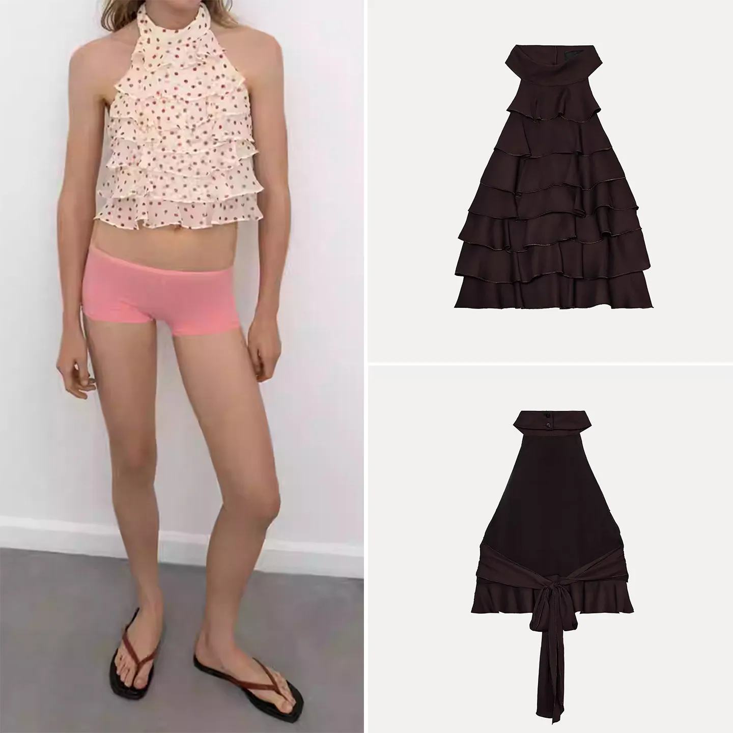 

Женский новый весенний комплект 2026: топ с вырезом на спине и завязками, укороченный, из других материалов, 100% верхняя одежда