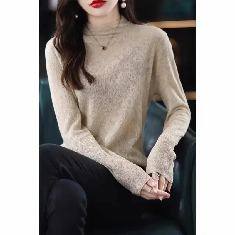 2024 European Autumn and Winter New Wool Sweater Lace Engraved Fashion Versatile Knitted Bottoming Shirt Long Sleeve For Women