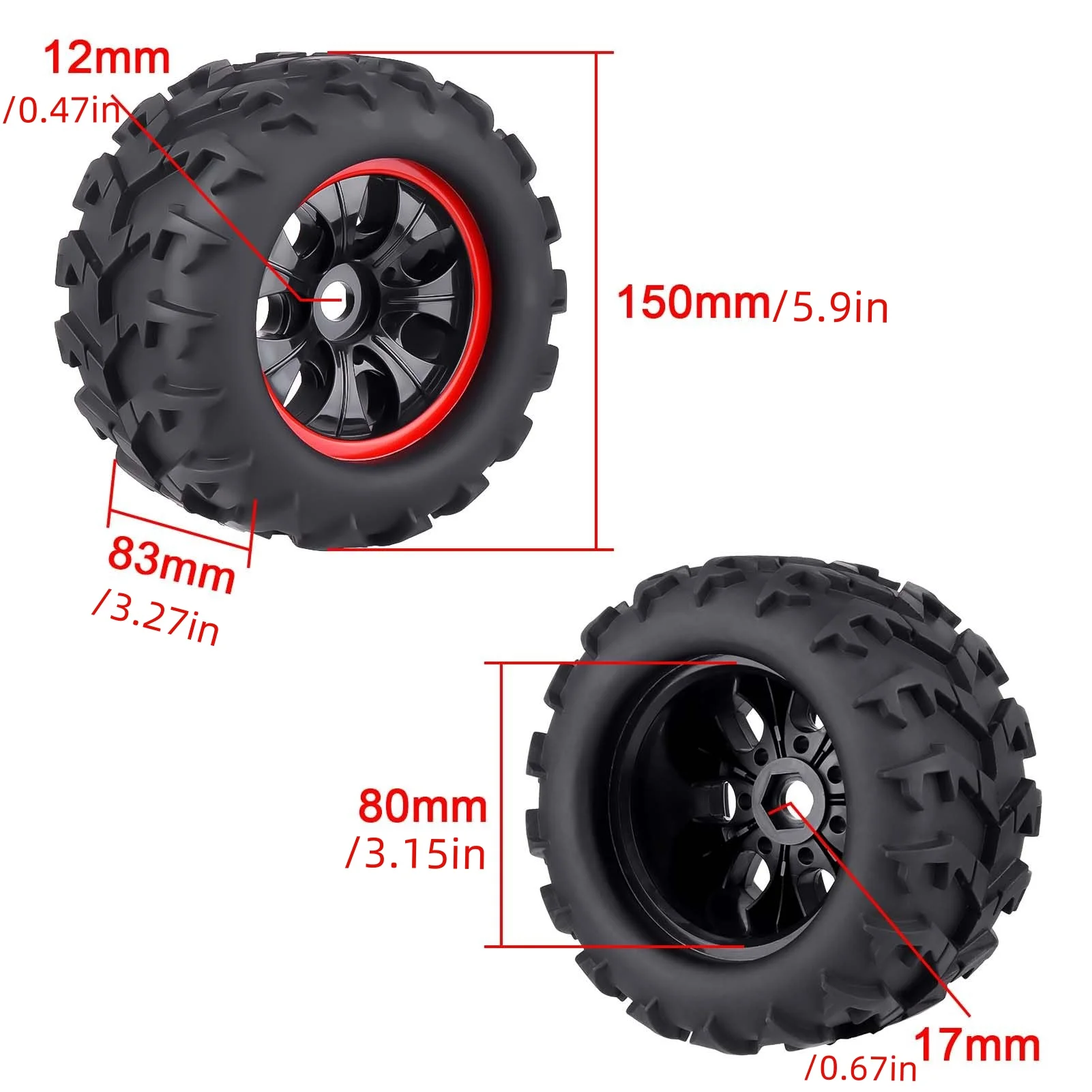 HobbyPark 3.2 Glued 17mm Hex RC Truck Wheels Tires Set for 1/8 Arrma Kraton Notorious Redcat Traxxas Maxx Tmaxx E-Revo 2.0 3.3