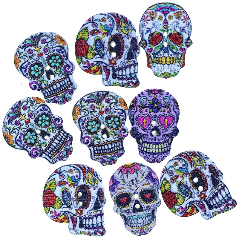 

50PCS 25MM 2 Holes Children's Wooden Button Printed Skull Sewing Wood Buttons Handmade DIY Accessories Decorative Buttons