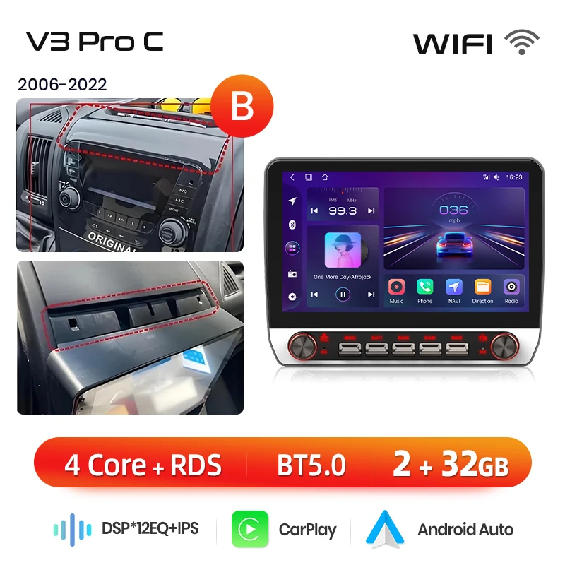 Junsun 13.1″ QLED Draadloze CarPlay Android Auto Autoradio Voor Fiat Ducato Peugeot Boxer Citroen Jumper 2006-2015 DSP SWC RDS GPS