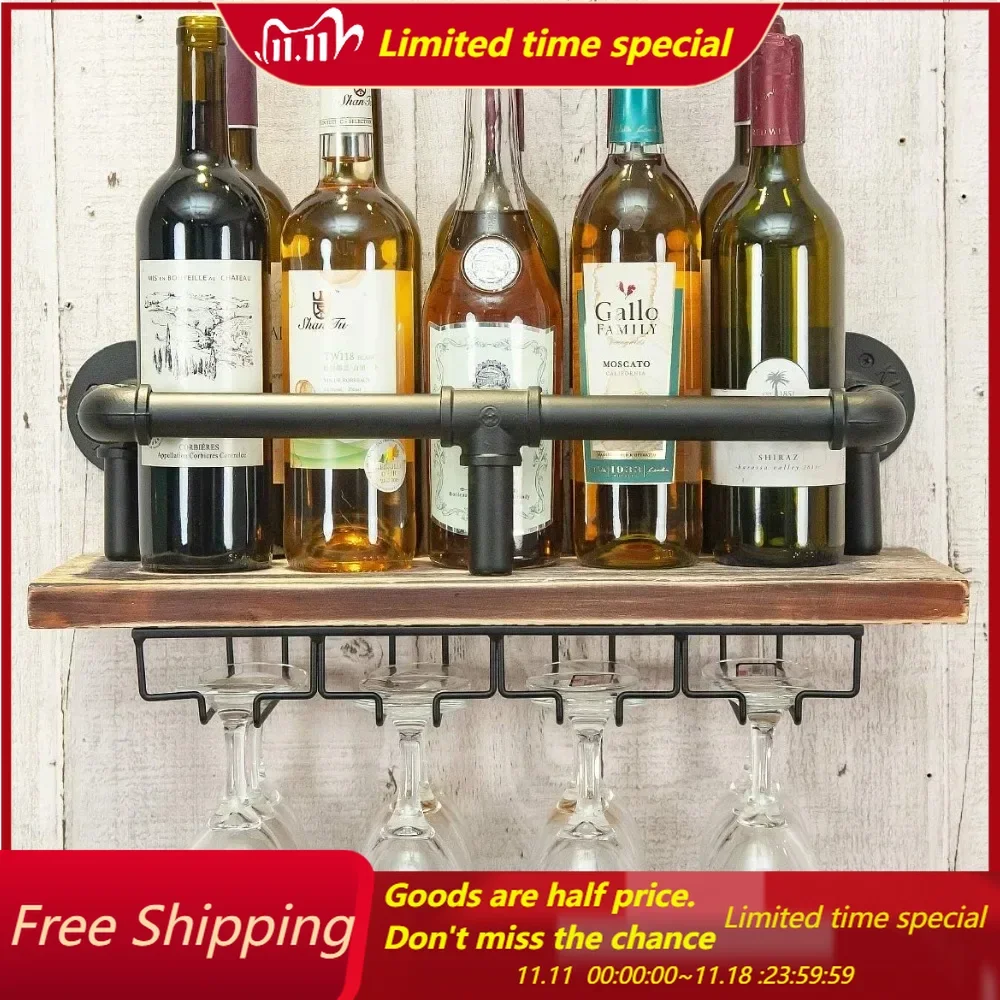 

Industrial Wall Mounted Wine Rack, Wine Bottle Stemware Glass Rack, Floating Shelf Pipe Hanging Shelving with Glass Holders for