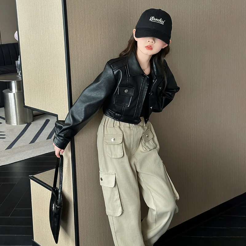 Girls Trousers Spring Autumn 2024 New Korean Style Children Loose Casual Cargo Safari Style Fall Simple Cool Light Gray Pant