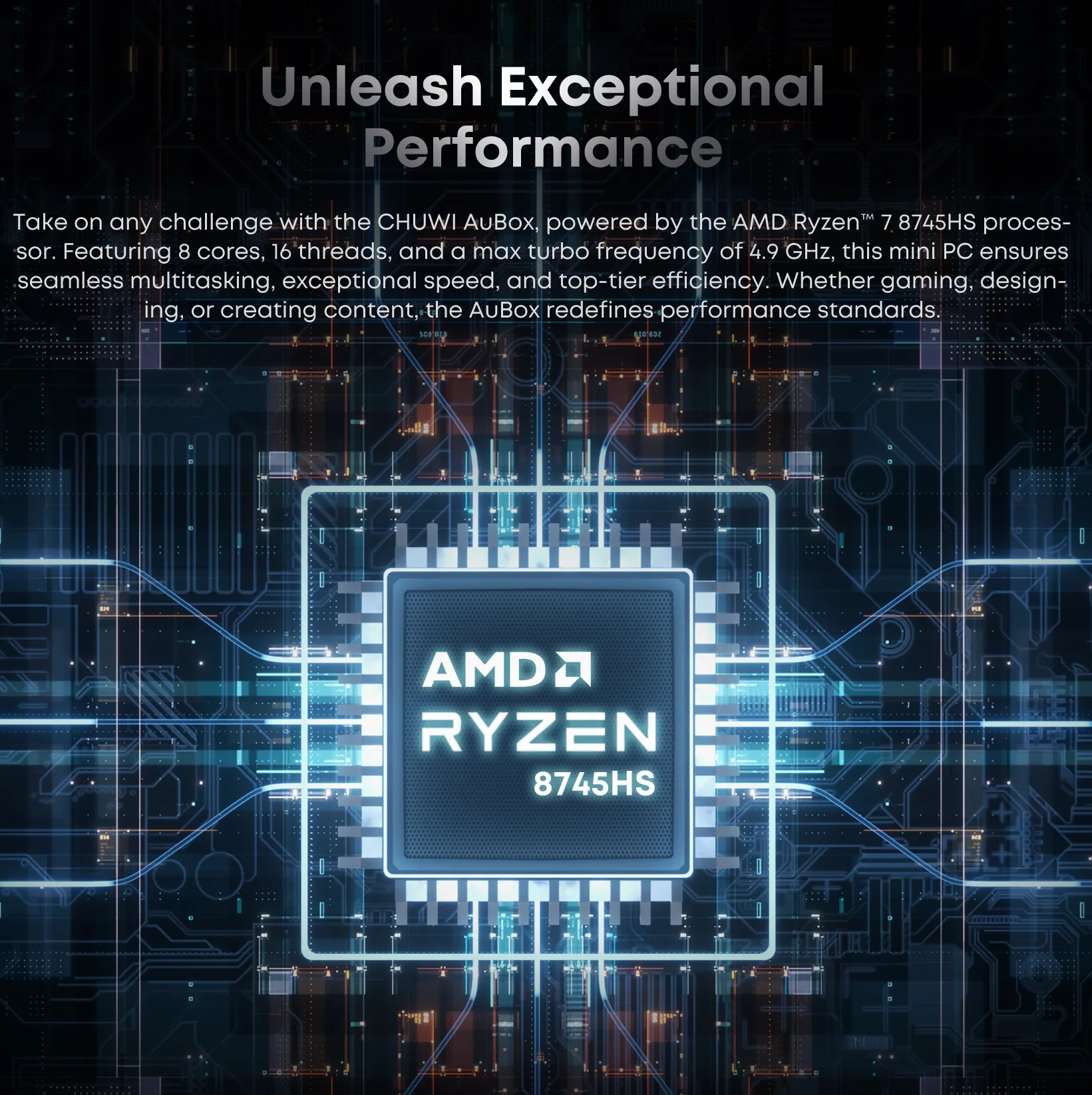 CHUWI AuBox Mini PC AMD Ryzen 7 8745HS 16GB DDR5 512GB SSD Windows 11 Pro 4K pantalla AI-Link WiFi 6 BT 5,1 extender M.2 1T * 2