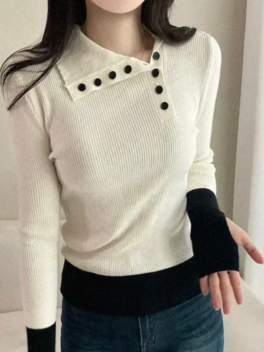 Modny, kolorowy, dzianinowy top z guzikami, długi rękaw, damska warstwa bazowa, nowość na jesień, ekskluzywny, unikalny, elegancki.