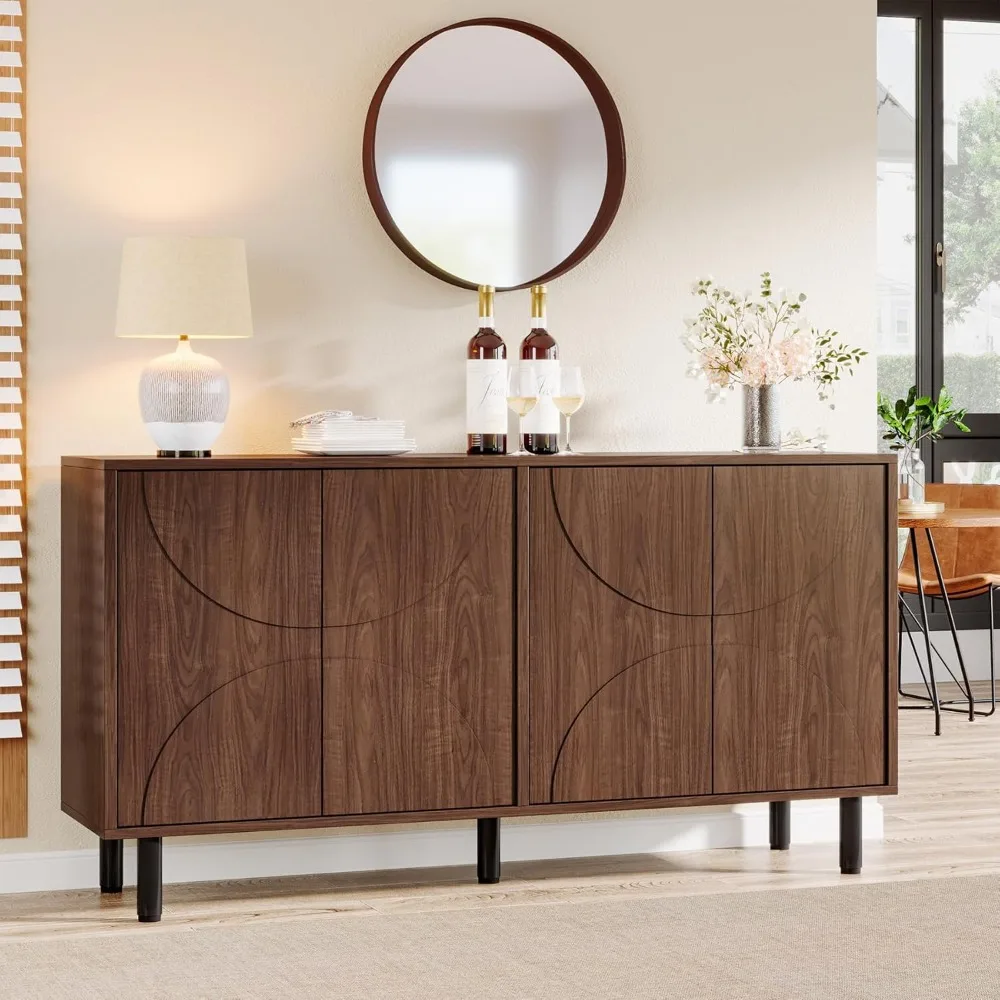 خزانة بوفيه ذات لوحة جانبية مع مساحة تخزين، وخزانة تخزين حديثة من العصور الوسطى مقاس 55 بوصة مع 4 أبواب وأرفف قابلة للتعديل #3