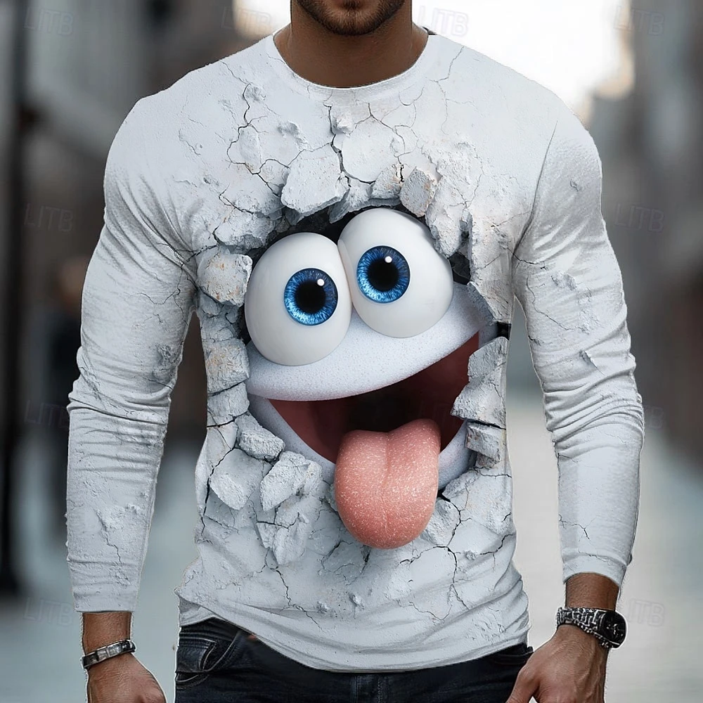Men's 3D Funny Emotes Face T Shirt Long Sleeve T Shirt 3D Print Smile Crew Neck Shirt  Exaggerated Street Spring Fall Clothing