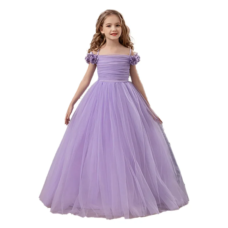 ライラック チュール フラワー ガール ドレス オフショルダー フリル プリンセス ガウン 夏 新しい誕生日パーティー ディナー ドレス