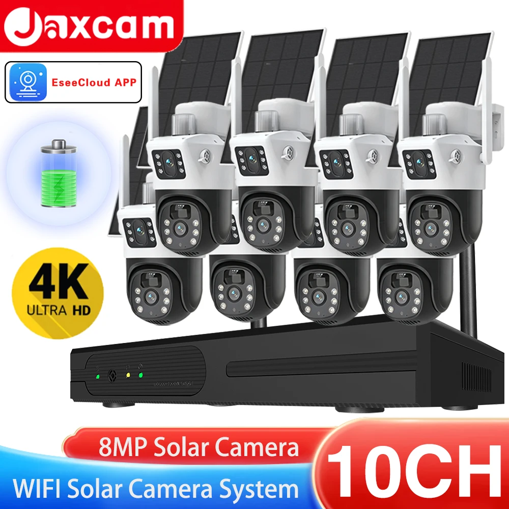 

10CH WiFi NVR Kit 8MP 4K Wireless Security Solar Battery Cameras Outdoor Wireless IP Camera Dual Lens Surveillance System Kit