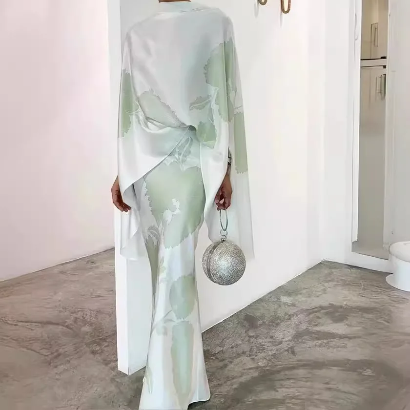 Conjuntos de falda larga estampados para mujer, capa de 2 piezas, Tops con mangas de murciélago, trajes, Vestidos, conjuntos de vestido largo elegante, Partyclub